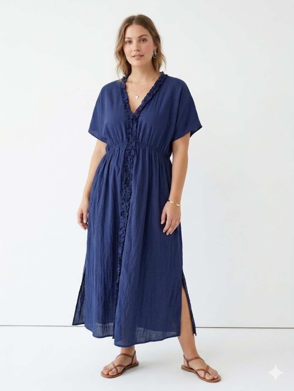 Cupshe Boho Coastal Navy Blue Ruffle Trim Maxi Dress with Side Slits- NWT US L